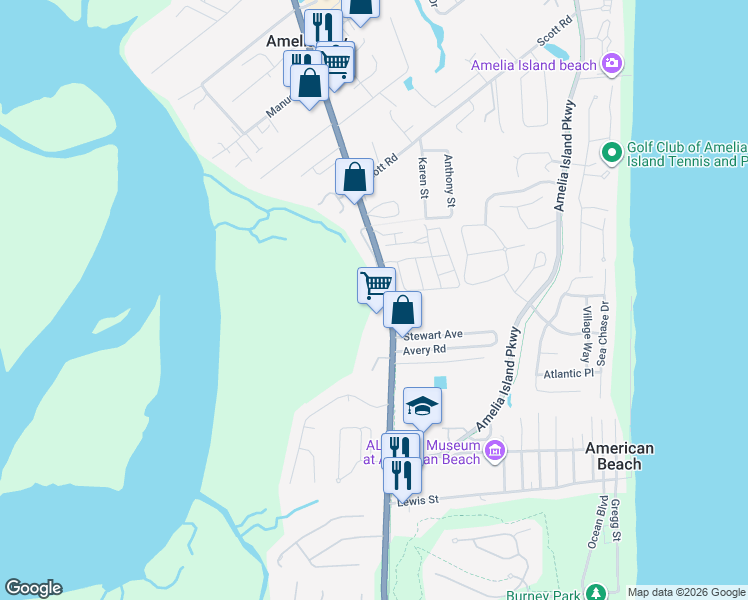 map of restaurants, bars, coffee shops, grocery stores, and more near 95220 Spring Tide Lane in Fernandina Beach