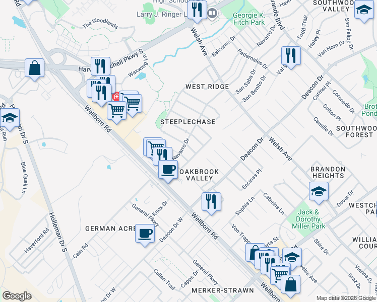 map of restaurants, bars, coffee shops, grocery stores, and more near 2404 Trace Meadows in College Station