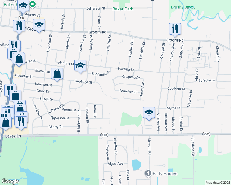 map of restaurants, bars, coffee shops, grocery stores, and more near 4302 Fourchon Drive in Baker