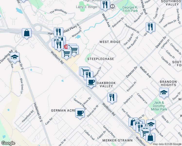 map of restaurants, bars, coffee shops, grocery stores, and more near 2318 Axis Court in College Station