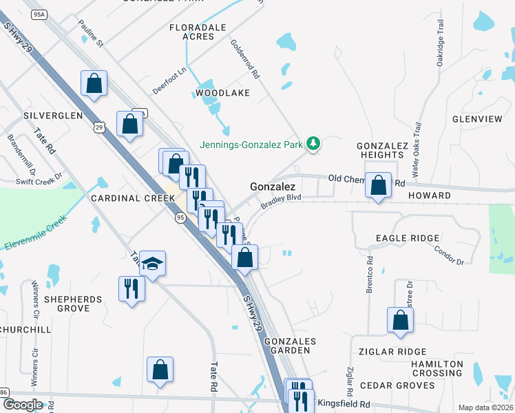 map of restaurants, bars, coffee shops, grocery stores, and more near 1511 2nd Avenue in Gonzalez