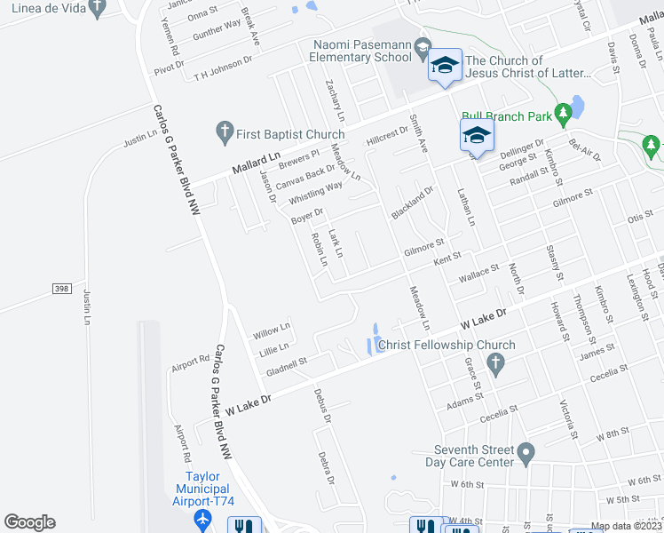 map of restaurants, bars, coffee shops, grocery stores, and more near 2010 Robin Ln in Taylor