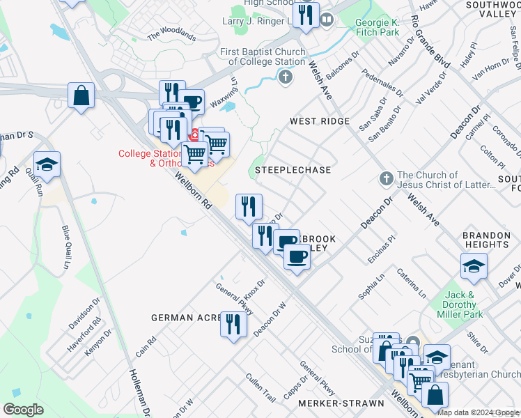map of restaurants, bars, coffee shops, grocery stores, and more near 2318 Axis Court in College Station