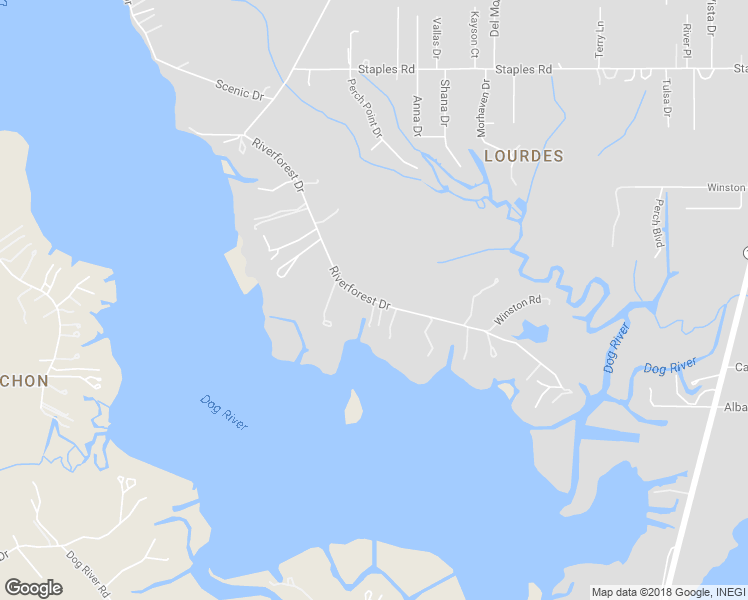 map of restaurants, bars, coffee shops, grocery stores, and more near 2250 Riverforest Drive in Mobile
