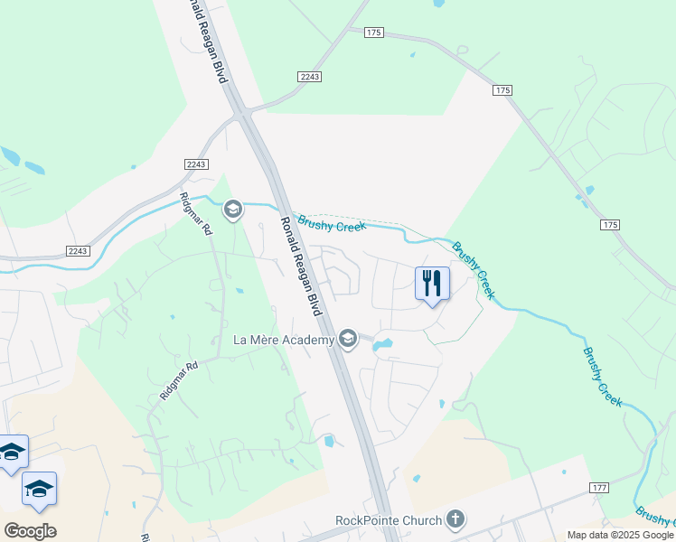 map of restaurants, bars, coffee shops, grocery stores, and more near 16760 Ronald W Reagan Boulevard in Leander