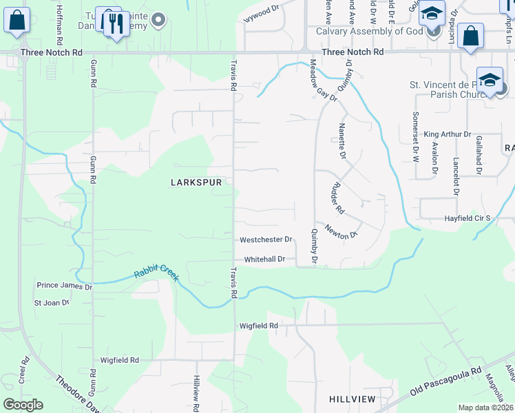 map of restaurants, bars, coffee shops, grocery stores, and more near 7218 Knollwood Road in Mobile