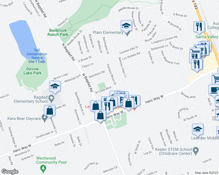 map of restaurants, bars, coffee shops, grocery stores, and more near Northcreek Blvd & Encanto Dr in Leander