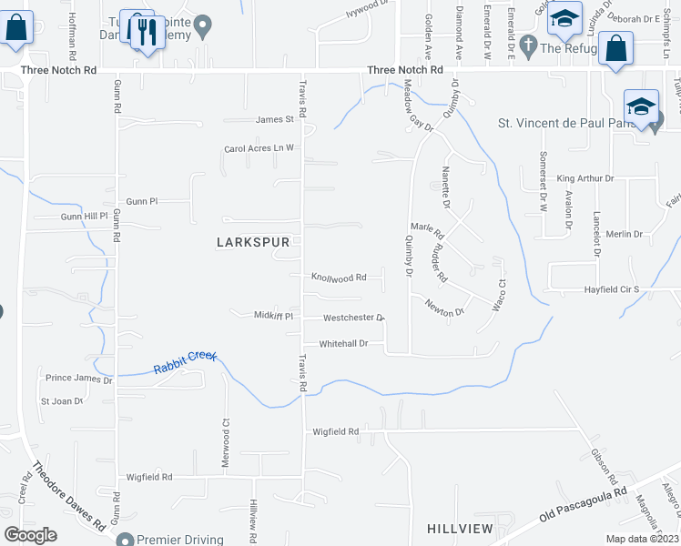 map of restaurants, bars, coffee shops, grocery stores, and more near 7210 Knollwood Road in Mobile