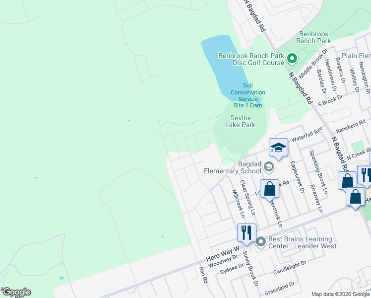 map of restaurants, bars, coffee shops, grocery stores, and more near Waterfall Avenue in Leander