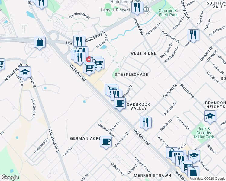 map of restaurants, bars, coffee shops, grocery stores, and more near 257 Navarro Drive in College Station