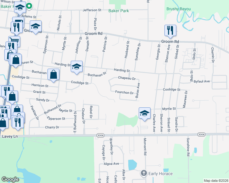 map of restaurants, bars, coffee shops, grocery stores, and more near 4302 Fourchon Drive in Baker
