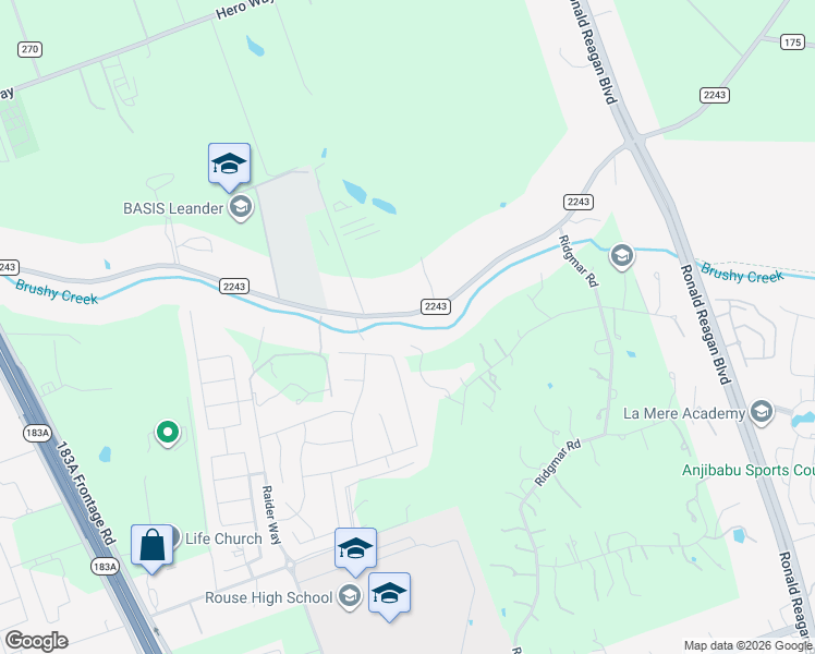 map of restaurants, bars, coffee shops, grocery stores, and more near 9 West Windemere in Leander