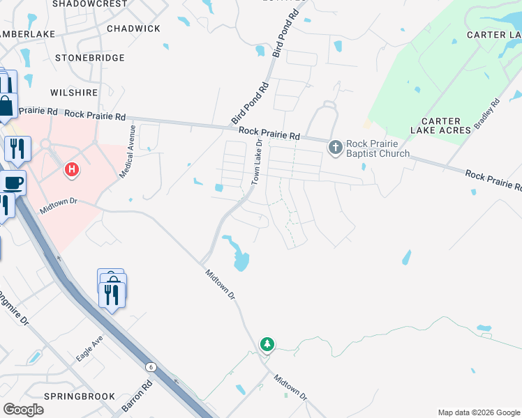 map of restaurants, bars, coffee shops, grocery stores, and more near 1305 McQueeny Drive in College Station