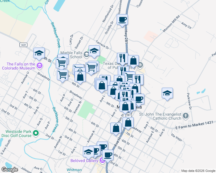 map of restaurants, bars, coffee shops, grocery stores, and more near 1102 Avenue K in Marble Falls