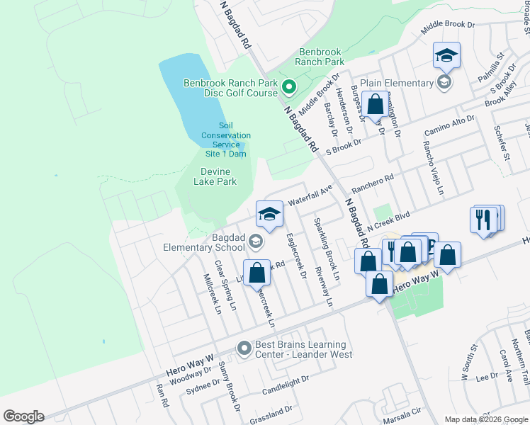 map of restaurants, bars, coffee shops, grocery stores, and more near Waterfall Avenue in Leander