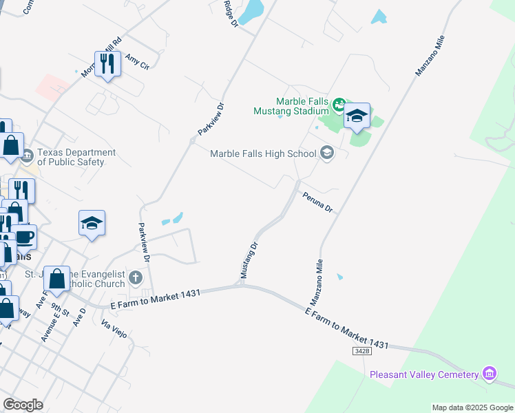 map of restaurants, bars, coffee shops, grocery stores, and more near 1600 Mustang Drive in Marble Falls