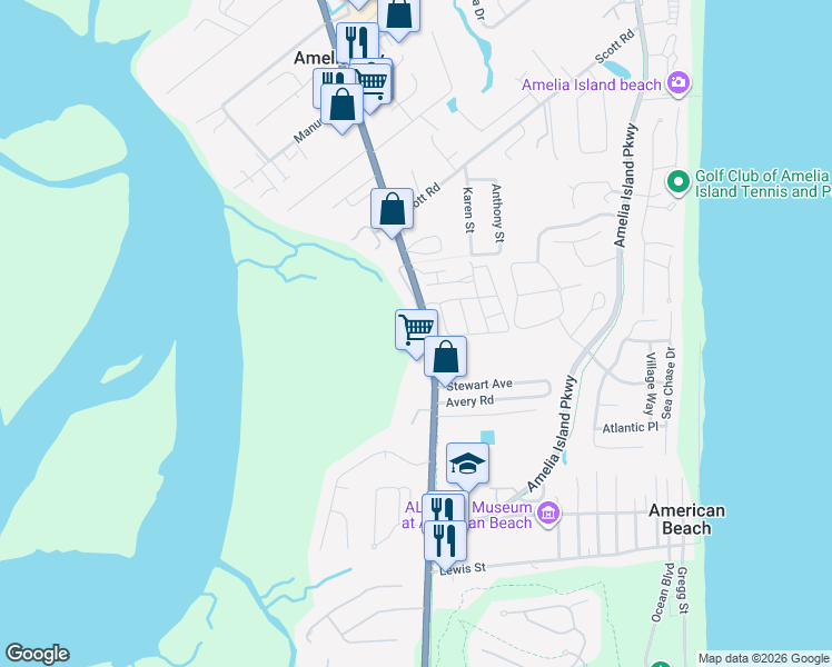 map of restaurants, bars, coffee shops, grocery stores, and more near 95220 Spring Tide Lane in Fernandina Beach