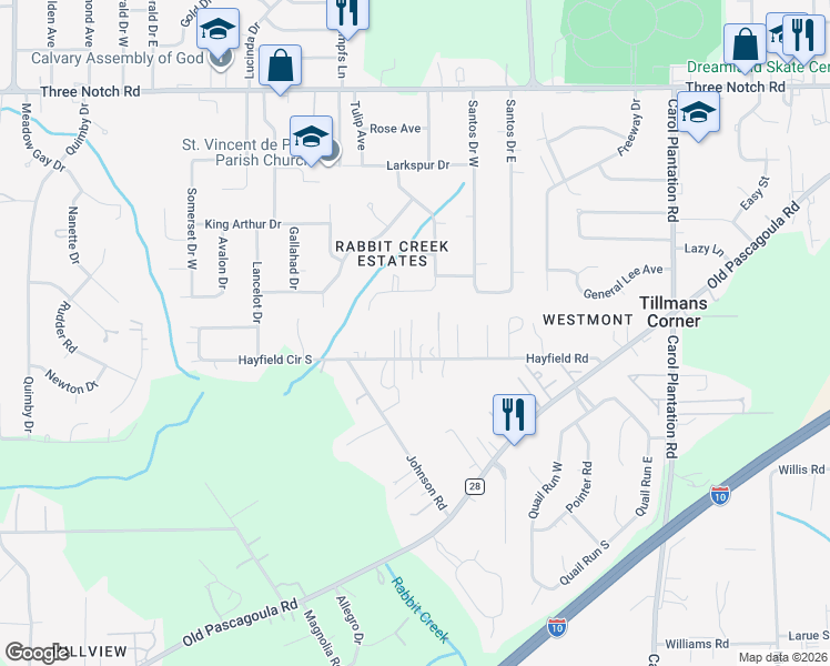 map of restaurants, bars, coffee shops, grocery stores, and more near 6468 Hayfield Road in Theodore