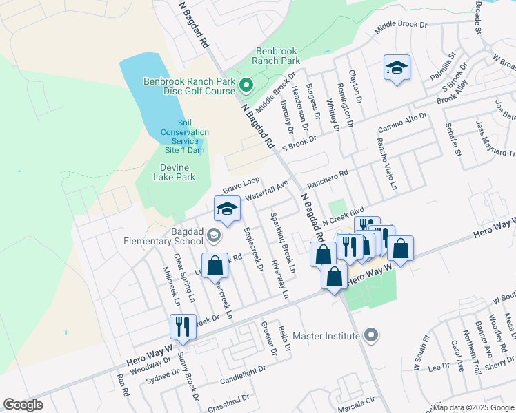 map of restaurants, bars, coffee shops, grocery stores, and more near 1407 Mountain Spring Lane in Leander