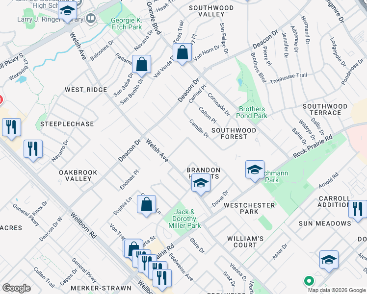 map of restaurants, bars, coffee shops, grocery stores, and more near 3204 Westchester Avenue in College Station
