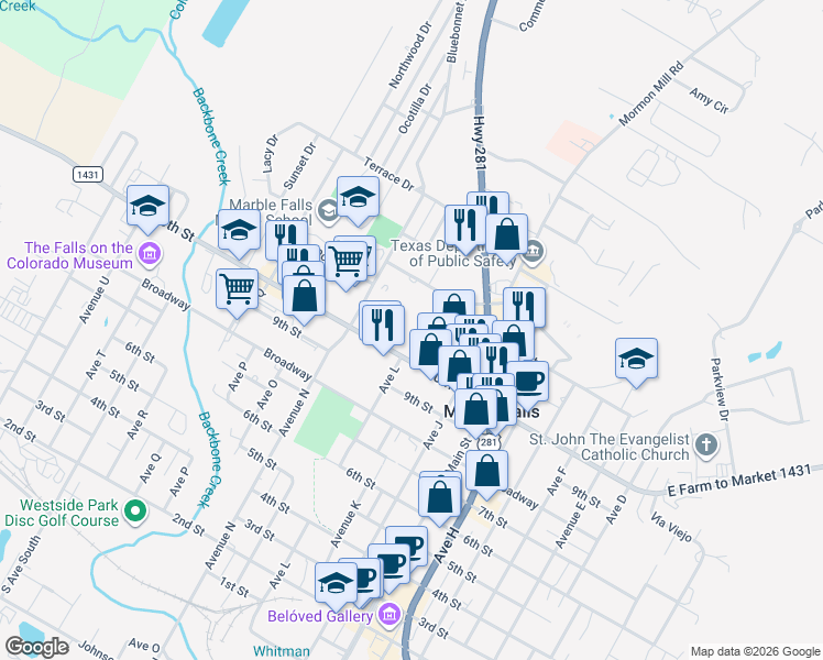 map of restaurants, bars, coffee shops, grocery stores, and more near 1102 Avenue K in Marble Falls