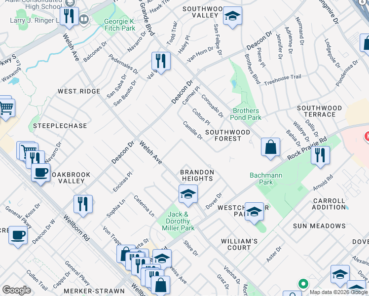 map of restaurants, bars, coffee shops, grocery stores, and more near 3204 Westchester Avenue in College Station