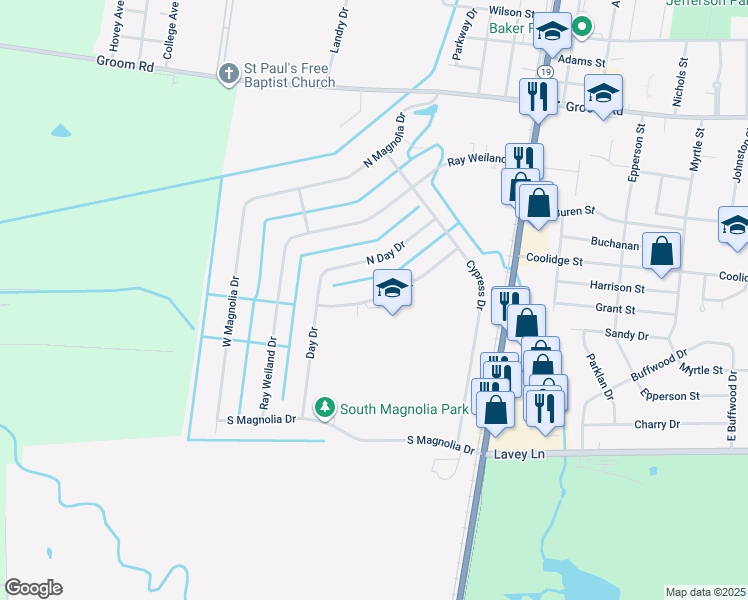 map of restaurants, bars, coffee shops, grocery stores, and more near 2550 Baker Boulevard in Baker