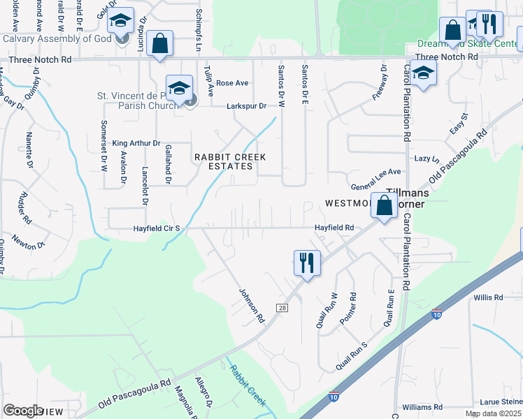 map of restaurants, bars, coffee shops, grocery stores, and more near 6428 Hayfield Road in Theodore