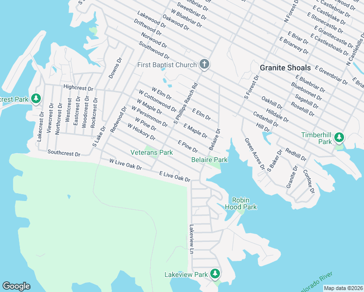 map of restaurants, bars, coffee shops, grocery stores, and more near 128 East Hickory Drive in Marble Falls