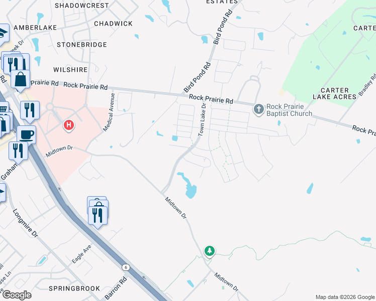 map of restaurants, bars, coffee shops, grocery stores, and more near Town Lake Drive in College Station