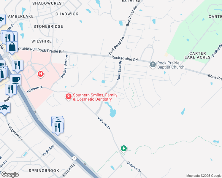 map of restaurants, bars, coffee shops, grocery stores, and more near 1305 McQueeny Drive in College Station