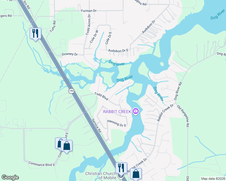 map of restaurants, bars, coffee shops, grocery stores, and more near 4083 Dawson Drive in Theodore