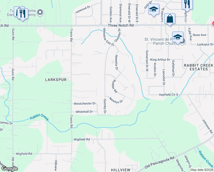 map of restaurants, bars, coffee shops, grocery stores, and more near 5300 Quimby Drive in Mobile