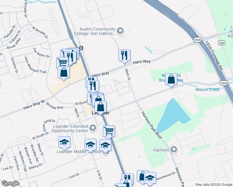 map of restaurants, bars, coffee shops, grocery stores, and more near 200 North East Street in Leander