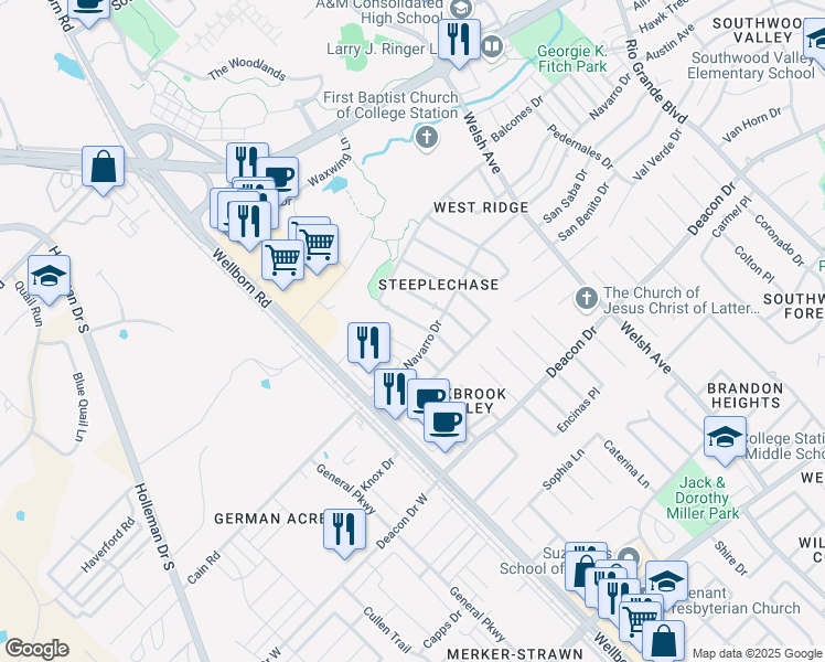 map of restaurants, bars, coffee shops, grocery stores, and more near 2318 Axis Court in College Station
