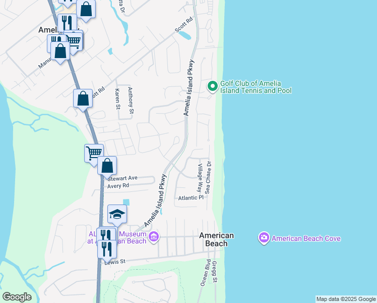 map of restaurants, bars, coffee shops, grocery stores, and more near 1833 Ocean Village Drive in Fernandina Beach