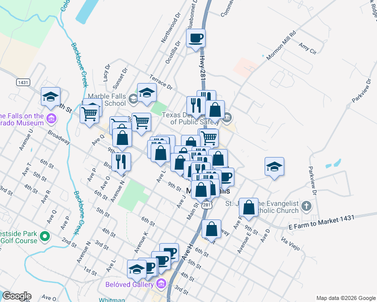 map of restaurants, bars, coffee shops, grocery stores, and more near 1102 Avenue K in Marble Falls