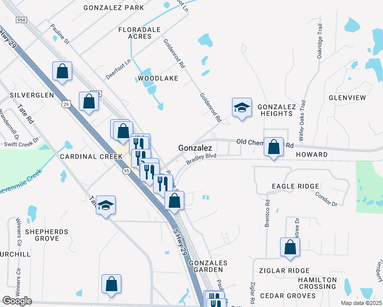 map of restaurants, bars, coffee shops, grocery stores, and more near 1499 Old Chemstrand Road in Gonzalez