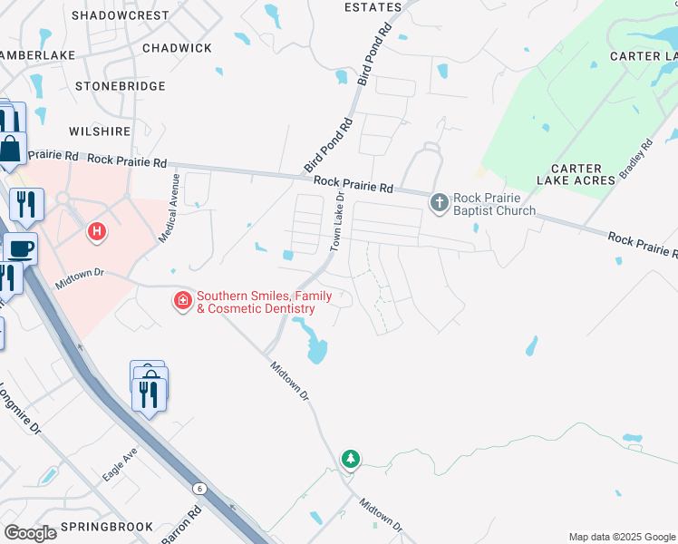 map of restaurants, bars, coffee shops, grocery stores, and more near 1305 McQueeny Drive in College Station