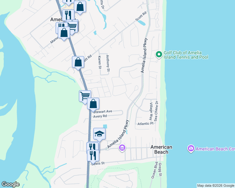 map of restaurants, bars, coffee shops, grocery stores, and more near 5081 Sabal Palm Road in Fernandina Beach
