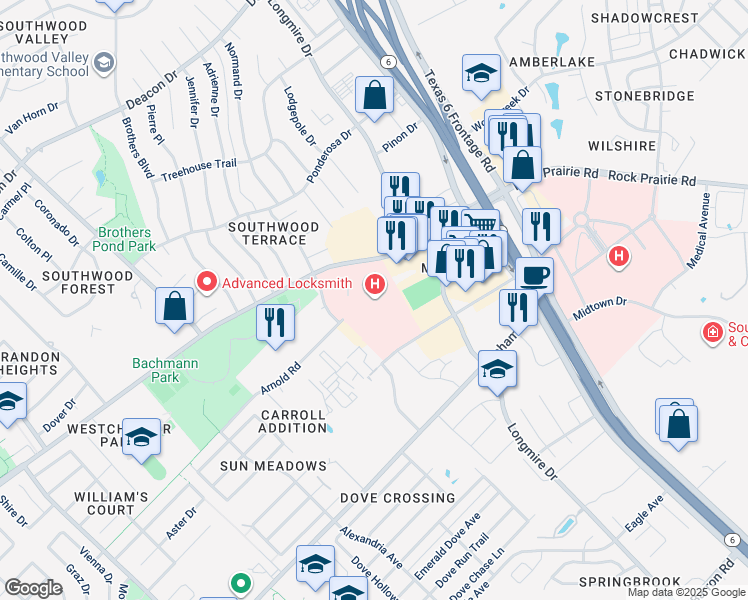 map of restaurants, bars, coffee shops, grocery stores, and more near 1604 Rock Prairie Road in College Station
