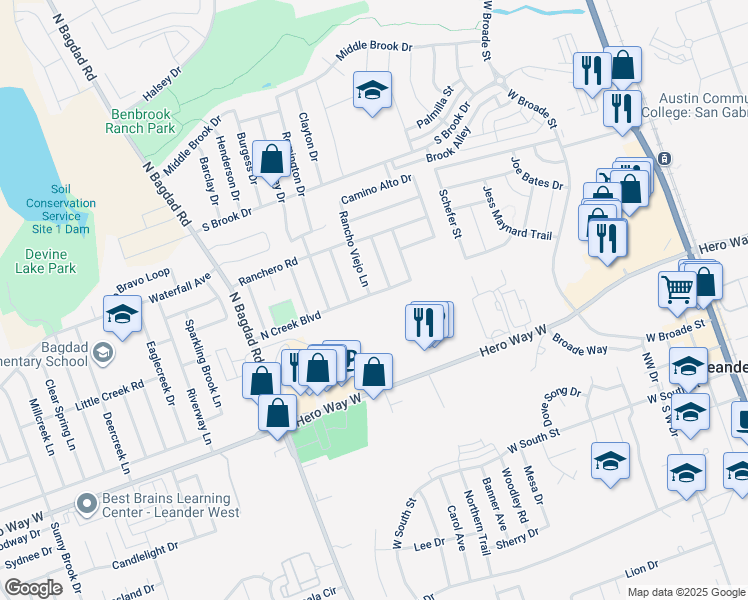 map of restaurants, bars, coffee shops, grocery stores, and more near 700 Camino Real Drive in Leander