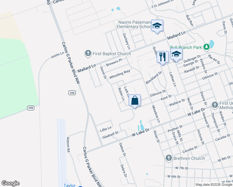 map of restaurants, bars, coffee shops, grocery stores, and more near 2207 Robin Lane in Taylor