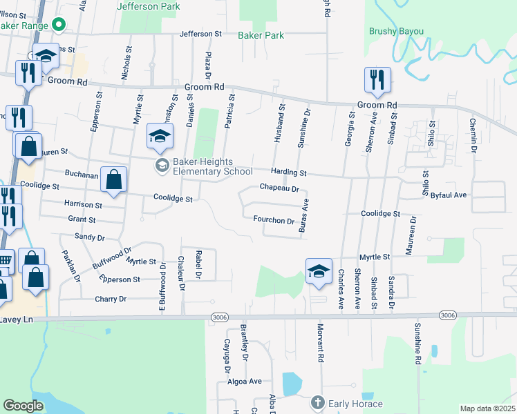 map of restaurants, bars, coffee shops, grocery stores, and more near 4404 West Chapeau Drive in Baker