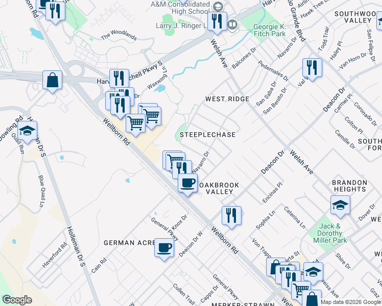 map of restaurants, bars, coffee shops, grocery stores, and more near 2313 Trace Meadows in College Station