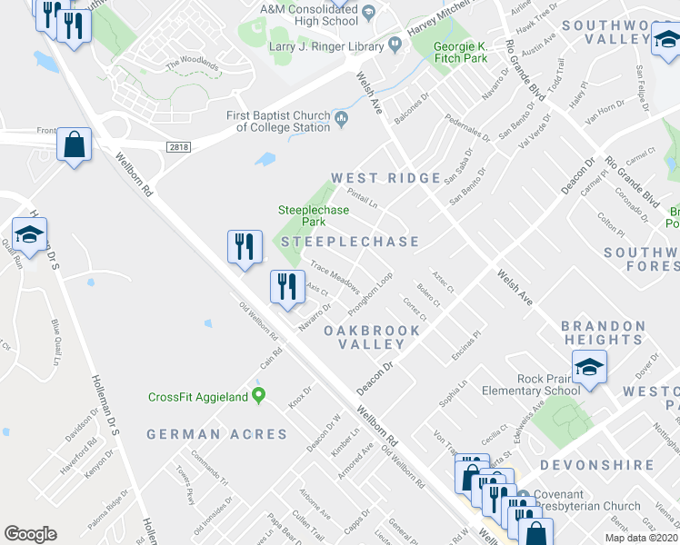 map of restaurants, bars, coffee shops, grocery stores, and more near 2337 Antelope Lane in College Station