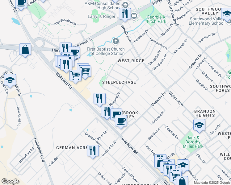 map of restaurants, bars, coffee shops, grocery stores, and more near 2333 Trace Meadows in College Station