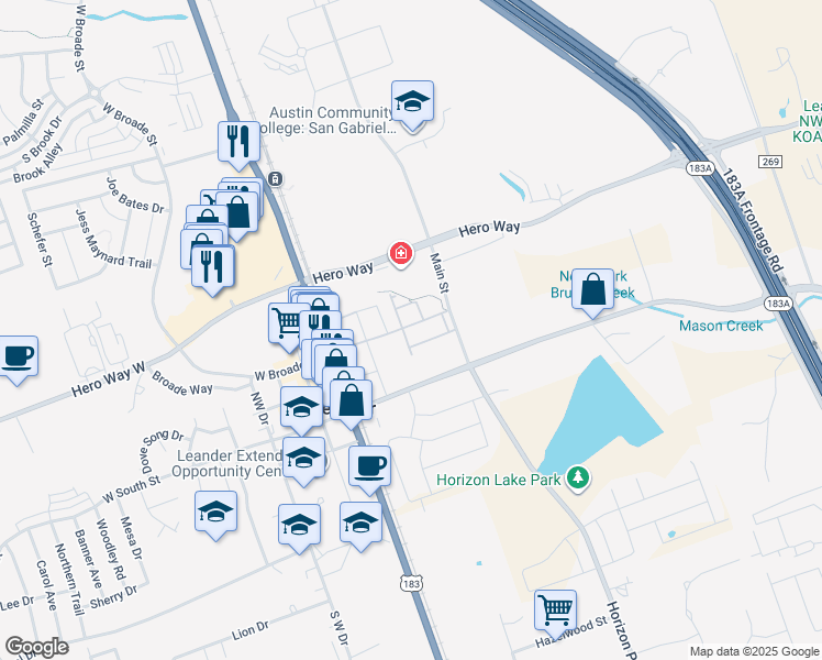 map of restaurants, bars, coffee shops, grocery stores, and more near 241 Michaelis Dr in Leander