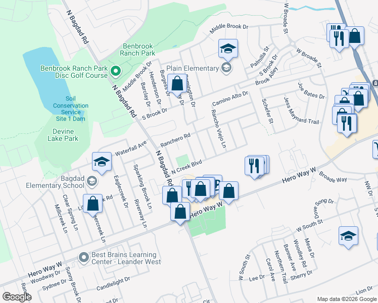 map of restaurants, bars, coffee shops, grocery stores, and more near 805 Encanto Drive in Leander