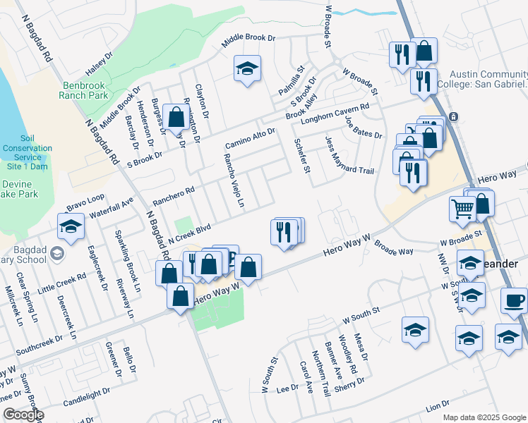 map of restaurants, bars, coffee shops, grocery stores, and more near 700 Camino Real Drive in Leander